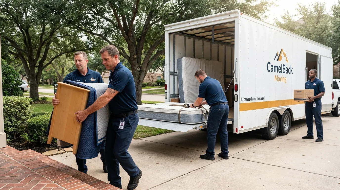 Crew loading residential truck for cross-state move from Bonsall, CA