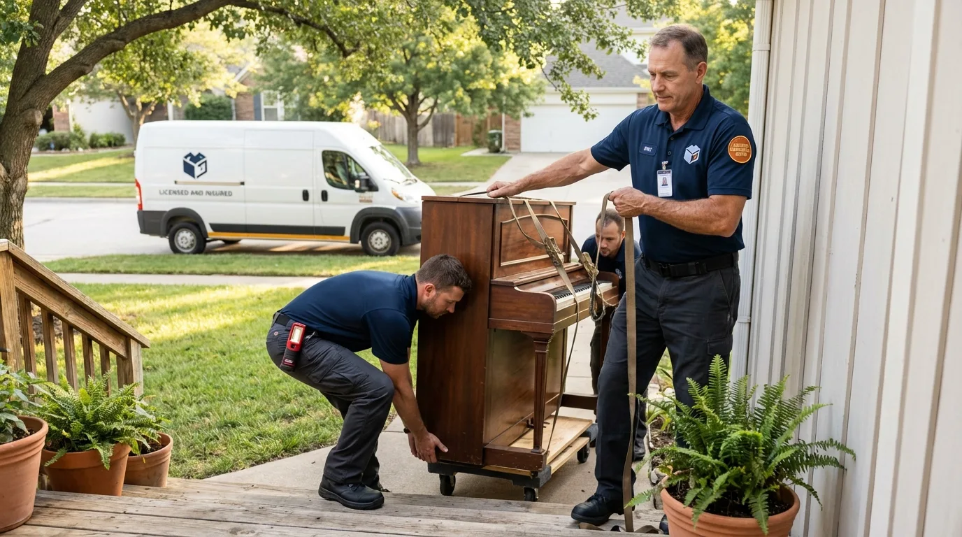 Licensed piano movers securing grand piano in Bonsall, CA