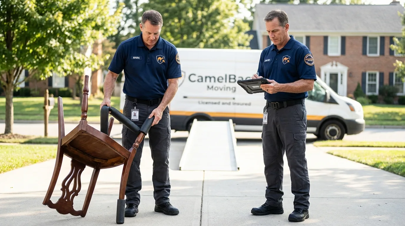Movers inspecting furniture for damage prevention before loading in Bonsall, CA